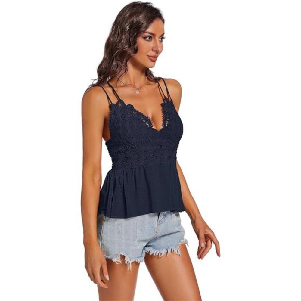 Navy Blue Embroidered Lace Cut Out V-Neck Peplum Ruffle Cami‎ Tank Top Blouse - Picture 3 of 5